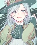  1girl :d blush earrings flower frilled_sleeves frills green_flower green_headwear green_jacket grey_eyes grey_hair hair_between_eyes half-closed_eyes hand_up hat hat_flower hinomori_shizuku jacket jewelry kuroi_(liar-player) long_hair long_sleeves looking_at_viewer mole mole_under_mouth pink_hair project_sekai red_flower shirt sleeves_past_wrists smile solo twitter_username upper_body white_shirt 