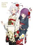  2girls alternate_hairstyle blunt_bangs earrings elf fern_(sousou_no_frieren) frieren green_eyes hair_bun hair_ornament hair_up happy_new_year highres hikentai0112 japanese_clothes jewelry kimono long_hair looking_at_viewer multiple_girls obi pink_kimono pointy_ears purple_hair sash sidelocks sousou_no_frieren thick_eyebrows twintails violet_eyes white_hair wide_sleeves 