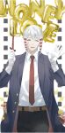 1boy balloon belt black_pants candy closed_eyes facial_mark facing_viewer food gloves hair_ornament highres holding holding_knife knife letter_balloon lollipop male_focus mashle megane_ox4 necktie pants red_necktie short_hair_with_long_locks solo standing suit white_gloves 
