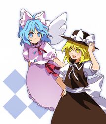  2girls ahoge blue_eyes blue_hair bow brown_headwear brown_skirt brown_vest closed_mouth collared_vest commentary_request flat_chest frilled_skirt frilled_sleeves frills hair_ribbon hand_on_headwear hand_on_own_hip hat hat_bow highres kaigen_1025 mai_(touhou) medium_hair multiple_girls neck_ribbon open_mouth puffy_short_sleeves puffy_sleeves red_ribbon ribbon shirt short_sleeves skirt smile touhou touhou_(pc-98) v-shaped_eyebrows vest wavy_hair white_bow white_ribbon white_shirt white_skirt white_wings wings yuki_(touhou) 