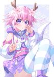 1girl adapted_costume binato_lulu breasts dragon_girl dragon_horns dragon_tail flower hair_between_eyes hair_flower hair_ornament highres horns japanese_clothes looking_at_viewer neptune_(neptunia) neptune_(series) pink_hair sash short_hair solo striped striped_thighhighs tail thigh-highs v violet_eyes 