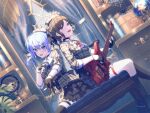  2girls ascot back-to-back back_bow bang_dream! bass_guitar belt belt_chain bench beret blue_eyes blue_hair blue_nails bow bracelet brown_hair crown curtains drawer dutch_angle frilled_skirt frills from_side garter_straps gloves hat holding holding_instrument hololive hoshimachi_suisei hoshimachi_suisei_(1st_costume) indoors instrument jewelry kneehighs layered_skirt looking_at_viewer matching_outfits multiple_girls nail_polish official_art open_mouth partially_fingerless_gloves plaid shelf side_ponytail sitting sitting_on_bench skirt smile socks star_(symbol) thigh-highs third-party_source virtual_youtuber wakana_rei window 