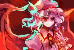  1girl bat_wings collar collared_shirt commentary_request flat_chest frilled_shirt_collar frills hand_up hat highres kaigen_1025 medium_hair mob_cap no_nose purple_hair red_eyes remilia_scarlet shirt sketch solo touhou wavy_hair white_headwear white_shirt white_wrist_cuffs wings 