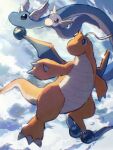  arc_draws black_eyes blue_sky bright_pupils claws closed_mouth clouds cloudy_sky day dragon dragonair dragonite dratini evolutionary_line flying highres horns no_humans orange_horns orange_tail outdoors pokemon pokemon_(creature) single_horn sky smile twitter_username white_horns white_pupils 