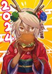  1girl 2024 absurdres alternate_costume bandaged_arm bandages blonde_hair brown_eyes burger dark-skinned_female dark_skin fake_antlers flower food guilty_gear hair_flower hair_ornament highres japanese_clothes kimono looking_at_viewer new_year ramlethal_valentine red_kimono solo sowel_(sk3) 