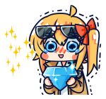 1girl ahoge blue_eyes blue_gemstone blush blush_stickers brown_jacket chibi chinese_commentary commentary_request eyewear_on_head gem girls_frontline hair_between_eyes hair_ribbon highres holding holding_gem jacket kalina_(girls&#039;_frontline) long_hair long_sleeves official_art open_mouth orange_hair red_ribbon ribbon shirt side_ponytail simple_background smile solo sparkle su_xiao_jei sunglasses tearing_up tears trembling upper_body white_background white_shirt 