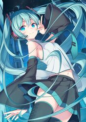 1girl ahoge aqua_eyes aqua_hair aqua_necktie arm_up bare_shoulders black_skirt black_sleeves black_thighhighs breasts comiket_103 detached_sleeves hair_between_eyes hatsune_miku headphones highres long_hair looking_at_viewer matsuuni medium_breasts midriff navel necktie pleated_skirt shirt sidelocks skirt sky sleeveless sleeveless_shirt small_breasts smile solo thigh-highs tie_clip twintails v very_long_hair vocaloid white_shirt wide_sleeves