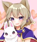  1girl animal animal_ears blush brown_hair cape earmuffs heart high_collar highres holding holding_animal looking_at_viewer open_mouth rabbit short_hair smile solo touhou toyosatomimi_no_miko u_amy1207 upper_body violet_eyes 