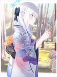  1girl alternate_costume blue_archive blue_halo blush braid closed_mouth day eko ema floral_print floral_print_kimono from_side grey_hair halo highres japanese_clothes kimono long_hair long_sleeves miyako_(blue_archive) obi outdoors print_kimono profile purple_kimono sash solo violet_eyes wide_sleeves 