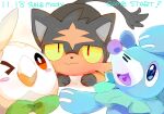  ! &gt;_o animal_focus bird blue_eyes blush_stickers bright_pupils cat closed_mouth colored_sclera commentary_request copyright_name dated from_side horizontal_pupils litten looking_at_viewer lying no_humans one_eye_closed open_mouth owl pokemon pokemon_(creature) popplio red_eyes rowlet seal_(animal) straight-on title_screen white_pupils winter939 yellow_eyes yellow_sclera 