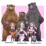  3girls animal_ears bear bear_ears bear_girl bergman&#039;s_bear_(kemono_friends) black_eyes boots bow bowtie brown_hair elbow_gloves extra_ears ezo_brown_bear_(kemono_friends) gloves grey_hair happi highres japanese_clothes kemono_friends kemono_friends_3 kodiak_bear_(kemono_friends) leggings long_hair looking_at_viewer multiple_girls necktie pink_background shirt short_hair simple_background skirt sleeveless sleeveless_shirt thigh-highs weapon yamaguchi_yoshimi 