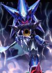  1boy animal_ears armor black_background black_sclera blue_armor colored_sclera fake_animal_ears fake_claws full_body gradient_background grey_armor hand_up hedgehog_ears lightning looking_at_viewer male_focus mechanical_arms mechanical_legs metal_sonic multicolored_armor neo_metal_sonic pointy_nose purple_background r0vl0v red_armor red_eyes robot solo sonic_(series) sparkle standing 