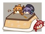  ._. :&lt; :3 a.i._voice adachi_rei ahoge beret blush_stickers border chibi commentary drill_hair english_commentary food food_on_head fruit fruit_on_head grey_background hair_ribbon hat headlamp highres jitome kasane_teto kotatsu mandarin_orange nao_(nao_62_) no_mouth object_on_head one_side_up orange_eyes orange_hair outside_border purple_hair radio_antenna redhead ribbon robot_ears simple_background table under_kotatsu under_table utane_uta utau violet_eyes white_border white_ribbon 