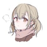  1girl azusawa_kohane blush breath brown_eyes brown_hair closed_mouth cropped_shoulders hair_between_eyes kuroi_(liar-player) looking_at_viewer nose_blush notice_lines pink_scarf project_sekai scarf simple_background solo twintails twitter_username white_background 