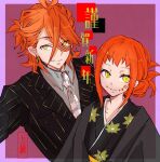  1boy 1girl brother_and_sister cu9x9nelll2 facial_mark fire_emblem fire_emblem_engage japanese_clothes necktie new_year orange_hair panette_(fire_emblem) short_bangs siblings sidelocks stitched_mouth stitches yellow_eyes 