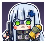  1girl black_jacket blunt_bangs blush_stickers chibi chinese_commentary commentary_request cross cross_hair_ornament explosive finger_on_trigger frown girls_frontline green_eyes grenade grey_hair gun hair_ornament hands_up highres hk416_(girls&#039;_frontline) holding holding_grenade holding_gun holding_weapon iron_cross jacket long_hair looking_at_viewer official_art parted_lips purple_background shaded_face simple_background solo su_xiao_jei teardrop_facial_mark upper_body very_long_hair weapon 