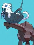  animal_focus blue_background blue_eyes bright_pupils chien-pao closed_eyes commentary_request deer highres ice no_humans pokemon pokemon_(creature) shira_0998 simple_background snow_leopard tail ting-lu_(pokemon) whiskers 