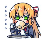  ... 1girl blue_jacket blush_stickers chibi chinese_commentary commentary_request cup expressionless girls_frontline gloves green_eyes hair_between_eyes hair_ribbon hair_rings highres holding holding_cup holding_saucer jacket long_hair long_sleeves looking_at_viewer neck_ribbon official_art orange_hair pinky_out ponytail red_ribbon ribbon saucer shaded_face shirt simple_background solo springfield_(girls&#039;_frontline) striped striped_ribbon su_xiao_jei teacup upper_body white_background white_gloves white_ribbon white_shirt 