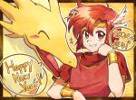  1boy 2024 artist_name betabetamaru bob_cut bracelet dragon fire_emblem fire_emblem:_mystery_of_the_emblem gold_bracelet grin happy_new_year head_on_hand highres jewelry looking_at_viewer red_eyes red_shirt redhead shirt smile solo teeth tiki_(fire_emblem) tiki_(young)_(fire_emblem) upper_body xane_(fire_emblem) 