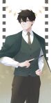  1boy black_hair brown_eyes brown_necktie commentary glasses hand_on_own_hip highres holding holding_wand long_sleeves male_focus mashle megane_ox4 necktie orter_madl school_uniform shirt solo standing suit wand white_background white_shirt 