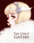  1girl artist_name blonde_hair chanti_(chantilin) commentary copyright_name daisy_buchanan english_commentary eyelashes fur_trim green_eyes hair_ornament hairband makeup mascara parted_lips portrait profile short_hair solo the_great_gatsby 