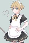  1boy alternate_costume apron black_dress black_thighhighs blonde_hair bow brown_bow closed_mouth collared_dress commentary crossdressing dress enmaided frilled_apron frills green_eyes grey_background hair_between_eyes hand_on_own_hip heart kagamine_len kuroi_(liar-player) looking_at_viewer maid maid_apron maid_headdress male_focus pleated_dress project_sekai puffy_short_sleeves puffy_sleeves short_sleeves simple_background solo standing thigh-highs twitter_username vocaloid white_apron 
