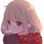  1girl ayamozoko blonde_hair blush breath brown_mittens commentary_request futaba_anzu highres idolmaster idolmaster_cinderella_girls looking_ahead mittens portrait red_scarf scarf simple_background solo translation_request white_background 