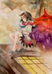  1girl absurdres arrow_print black_hair blue_neckerchief collared_dress commentary_request dress flat_chest highres horns kaigen_1025 kijin_seija multicolored_hair neckerchief no_nose painting_(medium) red_eyes redhead sandals short_dress short_hair sitting solo touhou traditional_media watercolor_(medium) white_dress white_hair white_horns 