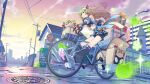  1girl absurdres ahoge animal_ears bicycle bike_shorts blonde_hair blue_skirt building cat_ears cat_girl cat_tail commentary_request full_body genshin_impact gift gradient_sky green_eyes highres house kirara_(genshin_impact) kyouyasai4423 lamppost long_hair long_sleeves manhole_cover multiple_tails official_art open_mouth outdoors pink_sky road road_sign shoes shorts shorts_under_skirt sign skirt sky smile sneakers solo sunrise tail utility_pole visor_cap yellow_sky 