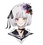  1girl assault_lily black_choker black_flower black_hairband black_ribbon black_sailor_collar blunt_bangs blush bow_hairband character_name choker closed_mouth commentary cropped_shoulders flower grey_hair hair_flower hair_ornament hair_ribbon hairband heterochromia kou_no_hana long_hair looking_at_viewer mole mole_under_eye neck_ribbon neckerchief pink_eyes portrait purple_flower red_flower ribbon ribbon_choker sailor_collar sally_(allogkk) simple_background smile solo white_background white_neckerchief yellow_eyes 