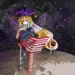  1girl american_flag asymmetrical_legwear blonde_hair blue_pantyhose closed_mouth clownpiece commentary_request dress fairy_wings hat jester_cap kaigen_1025 long_hair mismatched_legwear moon multicolored_clothes multicolored_dress neck_ruff no_shoes on_moon pantyhose polka_dot_headwear purple_headwear short_sleeves smile solo star_(symbol) star_print striped striped_dress striped_pantyhose touhou very_long_hair violet_eyes wings 