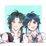  2boys alternate_costume aqua_eyes aqua_hair black_hair black_tank_top cassiopeia19 cross_hair_ornament genshin_impact green_hair hair_ornament highres male_focus multiple_boys one_eye_closed open_mouth shirt smile tank_top venti_(genshin_impact) vest white_shirt xiao_(genshin_impact) yellow_eyes 