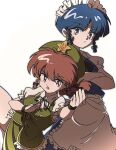  2girls alternate_hairstyle bare_arms blue_hair cosplay crossed_arms fighting_stance hat hong_meiling hong_meiling_(cosplay) izayoi_sakuya izayoi_sakuya_(cosplay) luuxiriver maid maid_headdress multiple_girls ranma-chan ranma_1/2 redhead saotome_ranma tendou_akane touhou 