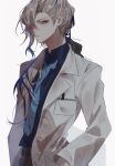  1boy alternate_costume alternate_hairstyle artist_name asymmetrical_bangs blue_hair blue_necktie blue_ribbon blue_shirt breast_pocket closed_mouth coat collared_shirt commentary_request eyelashes genshin_impact hair_between_eyes hair_over_shoulder hair_ribbon hand_in_pocket highres lab_coat lapels long_hair long_sleeves looking_at_viewer male_focus multicolored_hair necktie neuvillette_(genshin_impact) open_clothes open_coat p_umauma parted_bangs pocket pointy_ears ribbon serious shirt simple_background solo streaked_hair twitter_username violet_eyes white_background white_coat white_hair wing_collar 