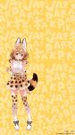  1girl absurdres animal_ears blonde_hair bow bowtie cat_ears cat_girl cat_tail elbow_gloves extra_ears fly_(marguerite) gloves highres kemono_friends looking_at_viewer official_art official_wallpaper serval_(kemono_friends) serval_print shirt shoes short_hair simple_background skirt sleeveless sleeveless_shirt solo tail thigh-highs yellow_background yellow_eyes 
