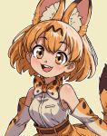  1girl :d animal_ear_fluff animal_ears bare_shoulders beachepisode belt blonde_hair bow bowtie brown_eyes commentary elbow_gloves fang gloves grey_background high-waist_skirt highres kemono_friends looking_at_viewer round_teeth serval_(kemono_friends) serval_print shirt shirt_tucked_in simple_background skirt sleeveless sleeveless_shirt smile solo tail tareme teeth upper_teeth_only white_shirt 