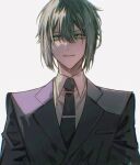  1boy black_necktie black_suit dress_shirt elan_ceres evil_smile green_eyes green_hair grey_background gundam gundam_suisei_no_majo highres jacket male_focus naoki_(2rzmcaizerails6) necktie shirt sidelocks simple_background smile solo standing suit suit_jacket upper_body white_shirt 