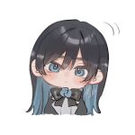  1girl ado_(utaite) black_bow black_bowtie black_hair black_jacket blue_eyes blue_hair blush bow bowtie chando_(ado) chibi closed_mouth cloud_nine_inc colored_inner_hair cropped_torso flower_brooch hair_between_eyes highres jacket long_hair looking_at_viewer mole mole_under_eye multicolored_hair protected_link signature simple_background solo two-tone_hair upper_body utaite white_background yurosuke 