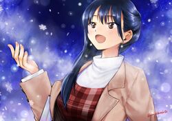  1girl blue_hair boku_no_kokoro_no_yabai_yatsu brown_coat brown_hair brown_shirt coat dark_blue_hair drop_earrings earrings hair_behind_ear hair_over_shoulder hand_up jewelry long_hair looking_up open_mouth plaid plaid_shirt shijuuichi shirt snowing solo sweater turtleneck turtleneck_sweater twitter_username upper_body white_sweater yamada_anna 