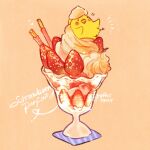  animal_focus artist_name bird chick commentary english_commentary english_text food food_focus fruit glass heart ice_cream nao_(bestrollever) napkin no_humans notice_lines orange_background original parfait pocky simple_background strawberry strawberry_pocky strawberry_slice whipped_cream 