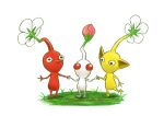  black_eyes bud colored_skin commentary_request flower grass holding_hands leg_up looking_at_another looking_at_viewer no_humans no_mouth outstretched_arm pikmin_(creature) pikmin_(series) pointy_ears pointy_nose red_eyes red_pikmin red_skin shadow simple_background solid_circle_eyes straight-on white_background white_flower white_pikmin white_skin yamato_koara yellow_pikmin yellow_skin 