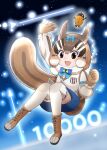  1girl acorn animal_ears boots brown_eyes brown_hair chipmunk_ears chipmunk_girl chipmunk_tail extra_ears gloves highres hissaa_(hisser) kemono_friends kemono_friends_v_project microphone ribbon shirt short_hair shorts siberian_chipmunk_(kemono_friends) tail thigh-highs vest virtual_youtuber 