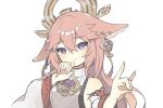  animal_ears detached_sleeves earrings floppy_ears fox_ears fox_shadow_puppet genshin_impact hand_to_own_mouth highres japanese_clothes jewelry komano_shia pink_hair simple_background smile upper_body violet_eyes white_background wide_sleeves yae_miko 