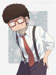  1boy black_hair black_pants earrings facial_hair franky_franklin glasses hand_on_own_hip jewelry looking_at_viewer male_focus necktie ouka_(gegege_853suki) pants red_necktie shirt single_earring sleeves_rolled_up smile solo spy_x_family stubble suspenders tie_clip twitter_username white_shirt 