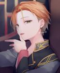  1boy blonde_hair blurry blurry_background brown_eyes commentary depth_of_field earrings grey_jacket hand_up jacket jewelry kuroi_(liar-player) licking licking_finger long_sleeves looking_at_viewer male_focus multicolored_hair official_alternate_costume orange_hair project_sekai round_window saikou_no_crank_up!_(project_sekai) shinonome_akito solo streaked_hair twitter_username upper_body window 