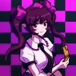  1girl black_necktie brown_hair cellphone checkered_background closed_mouth collared_shirt flip_phone frilled_shirt_collar frills hair_ribbon hat heart highres himekaidou_hatate holding holding_phone long_hair necktie phone pink_headwear pink_ribbon puffy_short_sleeves puffy_sleeves red_eyes ribbon shirt short_sleeves smile solo tokin_hat touhou twintails white_shirt zawabug 