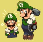  :d blue_eyes blue_overalls blush blush_stickers bright_pupils brown_footwear closed_eyes facial_hair flower frown gloves green_headwear green_shirt highres holding long_sleeves loveycloud luigi luigi&#039;s_mansion multiple_views mustache notice_lines overalls poltergust_3000 shirt shoes sideburns simple_background smile super_mario_bros. white_gloves white_pupils worried yellow_background 