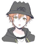  1boy :o black_headwear black_jacket blonde_hair brown_eyes cropped_torso drawstring earrings hat hood hood_down hooded_jacket jacket jewelry kuroi_(liar-player) looking_at_viewer male_focus multicolored_hair open_mouth orange_hair project_sekai shinonome_akito shirt simple_background solo streaked_hair twitter_username upper_body white_background white_shirt 