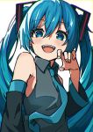  1girl :d absurdres auhuheben17 bare_shoulders black_sleeves blue_eyes blue_hair blue_necktie blush claw_pose collared_shirt detached_sleeves dot_nose grey_shirt hair_between_eyes hair_ornament hand_up hatsune_miku highres long_hair long_sleeves looking_at_viewer necktie open_mouth raised_eyebrows shirt sidelocks simple_background sleeveless sleeveless_shirt smile solo teeth twintails upper_body upper_teeth_only very_long_hair vocaloid white_background 