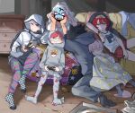  atticus_(pokemon) blanket blonde_hair blue_hair controller eri_(pokemon) facepaint game_controller giacomo_(pokemon) glasses green_eyes highres holding hood hoodie jacket long_hair mela_(pokemon) multicolored_hair necktie ortega_(pokemon) pajamas penny_(pokemon) pointy_hair pokemon pokemon_sv redhead ribbon round_eyewear shirt short_hair smile team_star two-tone_hair vest 